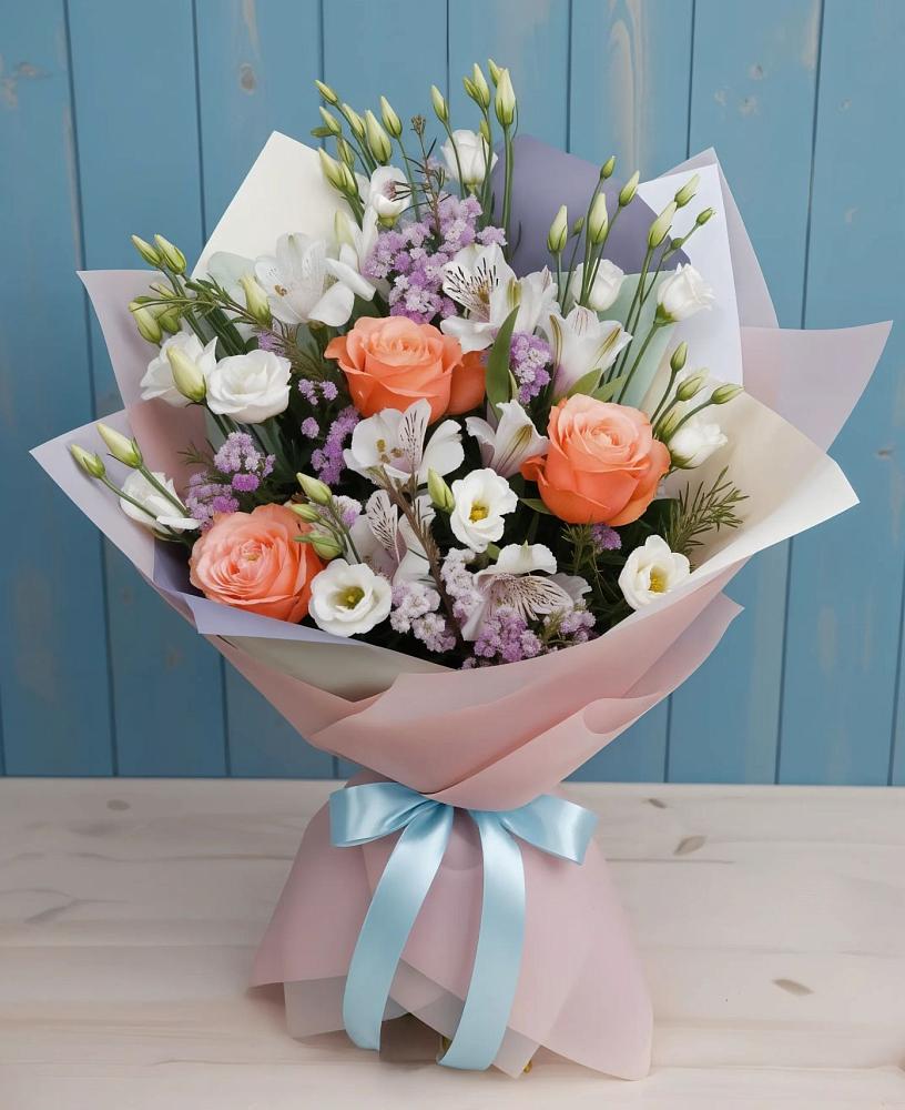 Букет цветов из: Лизиантусы, Розы, Альстромерии и Гипсофила в Георгиевске